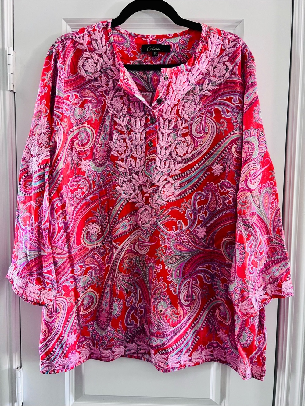 Pink Paisley Embroidered V-Neck Blouse